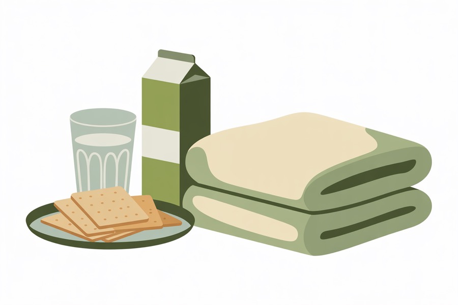 Illustration of a glass of water, a juice carton, crackers and a folded blanket — simple green-out aftercare
